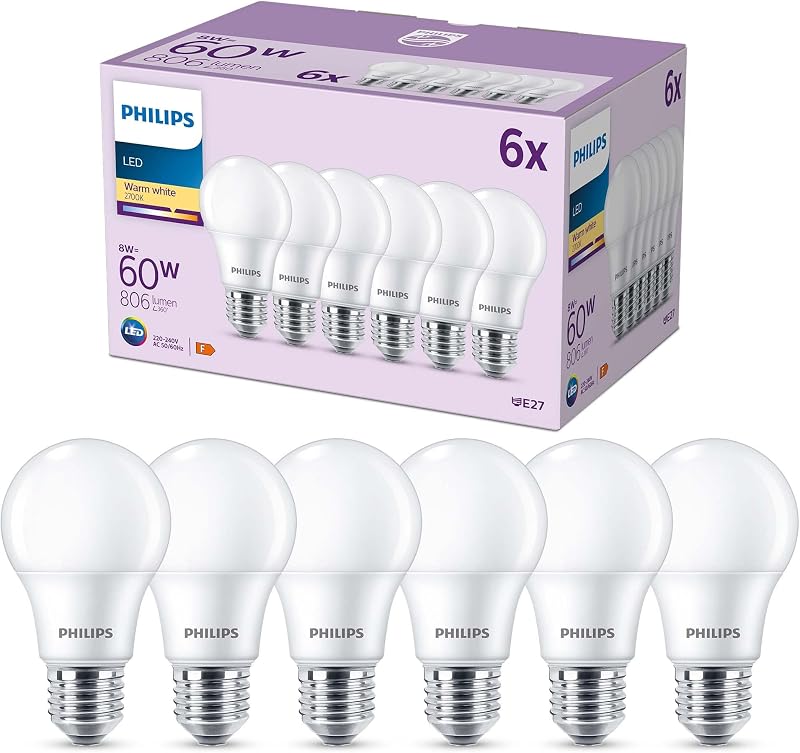 Philips pack de 6 ampoules LED E27, 60W, blanc chaud