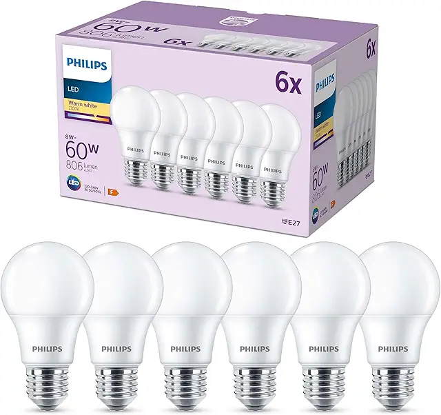 Philips LED E27 Bulb 6-Pack: 8W Warm White, Energy Efficient