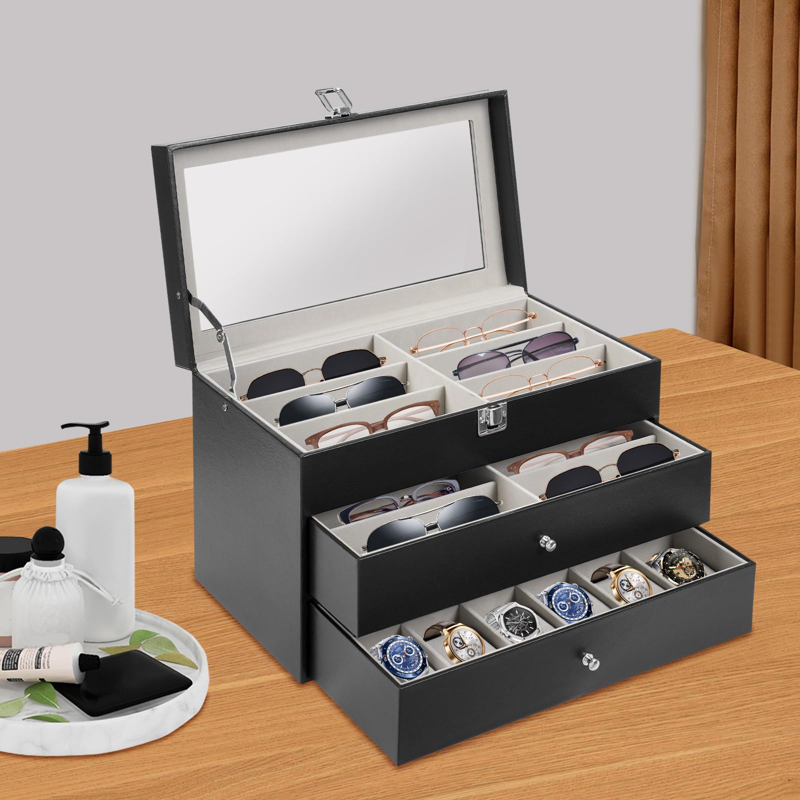 Caja para relojes de 3 niveles con 24 ranuras – Joyero, estuche para gafas y estuche de almacenamiento para relojes, gafas, joyas, anillos y más