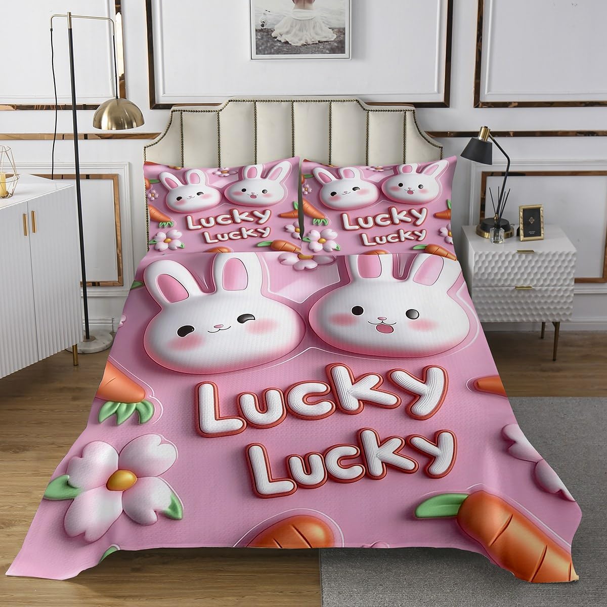 Homewish Pink Rabbit Bedspread Twin Size,3D Print Animal Bedding Sets for Kids Girls Boys Adult Room Decor,Kawaii Cartoon Carrots Comforter Set Cute Pink Flower Reversible Quilt Set,1 Pillowcase