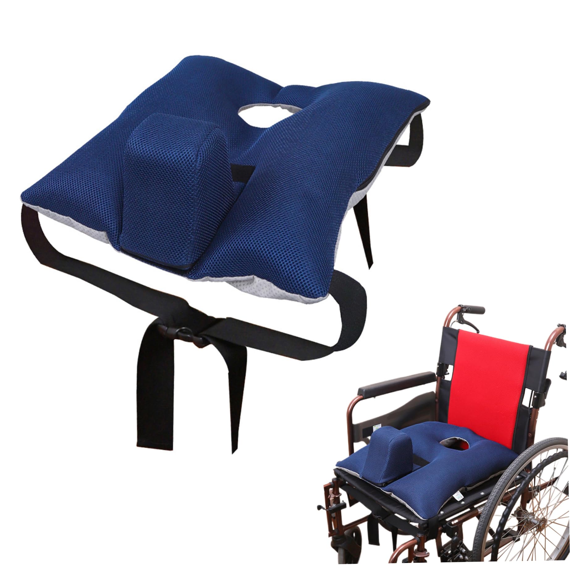 Cojines para sillas de ruedas Cojín de asiento de cuña con pomo transpirable Almohadilla de asiento de cuña antideslizante con correas de seguridad para personas mayores Alivio de presión y preve.