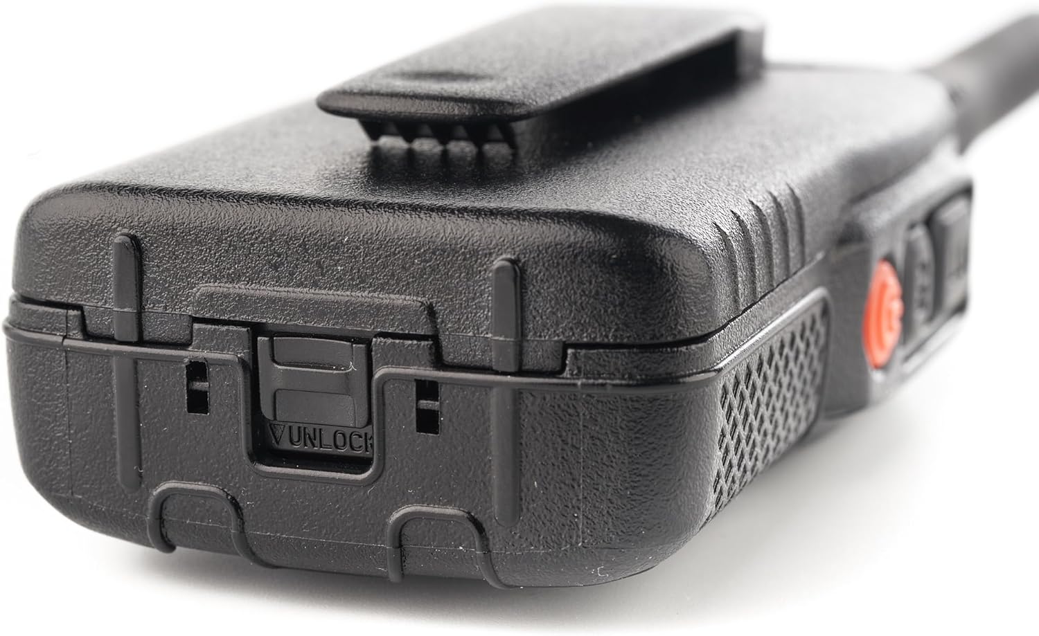 Close-up of the battery compartment latch on the back of the PNI Dynascan AD-09+ radio, showing the 'UNLOCK' indicator.