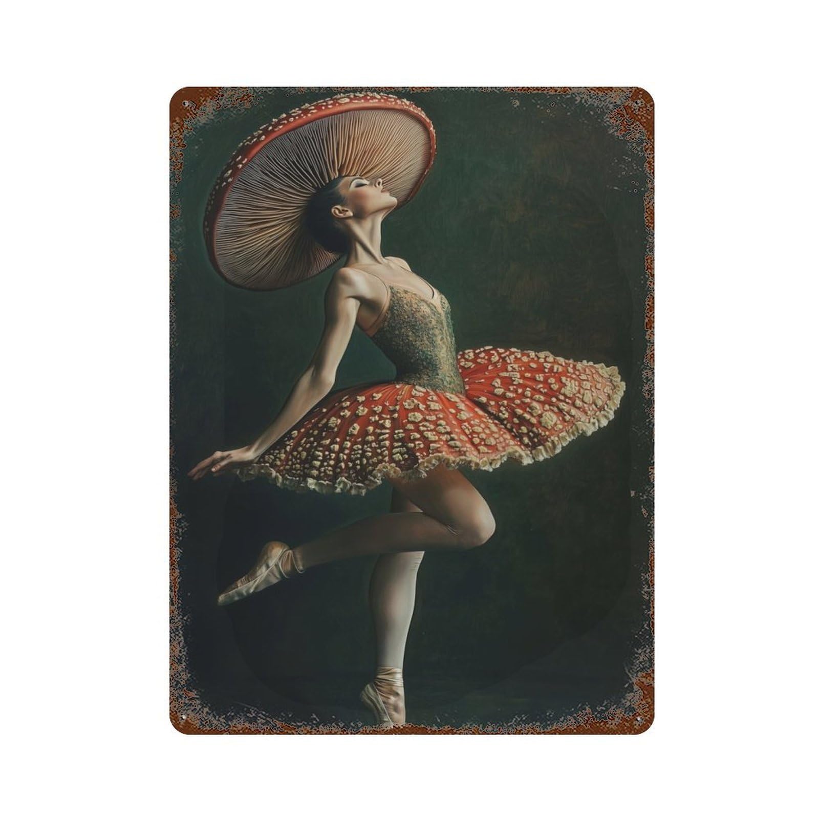 Rust Effect Mushroom Ballerina Rusty Metal Tin Sign 15.7"x11.8", Rustic Home Decor for Living Room, Hallway And Home Decor