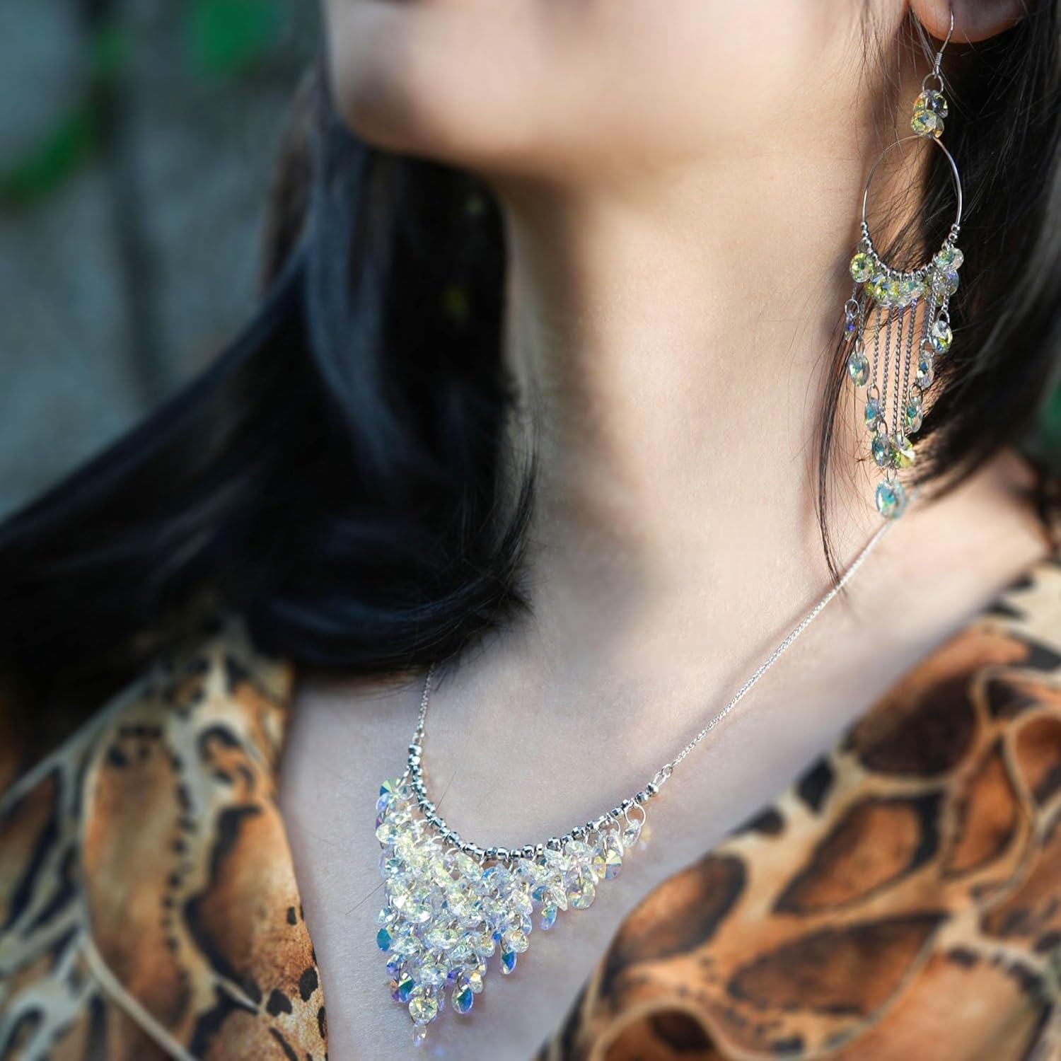 925 Sterling Silver Boho Crystal Chandelier Hoop Earrings, Austrian Crystal Tassel Dangle Earrings, Handmade Sparkly Statement Design, 1.17" Hoop