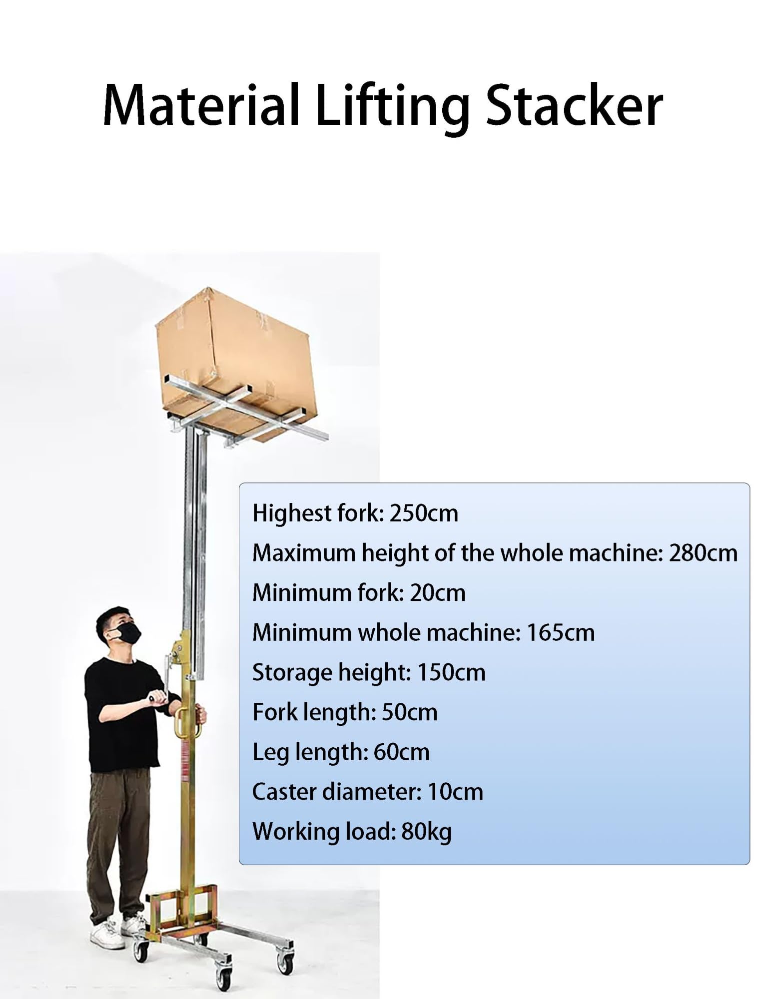 Manueller Palettenstapler 80 kg, Handkurbel-Hebegerät Klappbar, Verzinkter Stahl, Hubhöhe 180/210/250 cm(250cm)