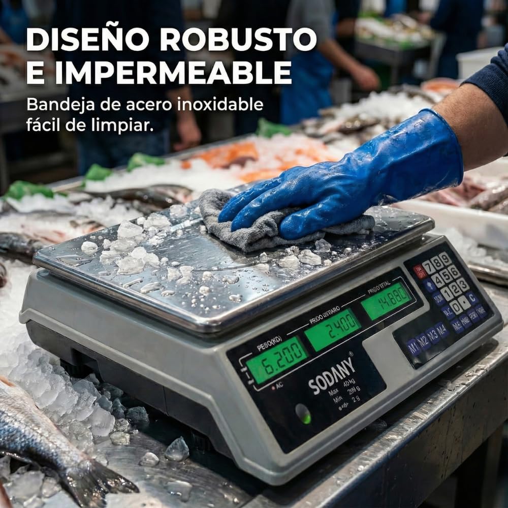 Báscula Comercial 40kg/2g Balanza Digital Profesional con Doble Pantalla LED Verde (3 Visores), Batería Recargable, Plato Acero Inoxidable. Ideal para Frutería, Mercadillo y Tiendas