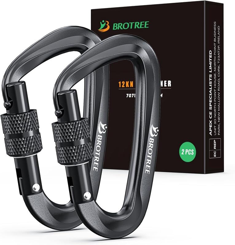 Brotree 1200 kg Teherbírású Alumínium Karabiner, Csavaros Zárszerkezettel - Könnyű, Rozsdamentes D-Alakú Horog Függőágyhoz, Kempingezéshez,
