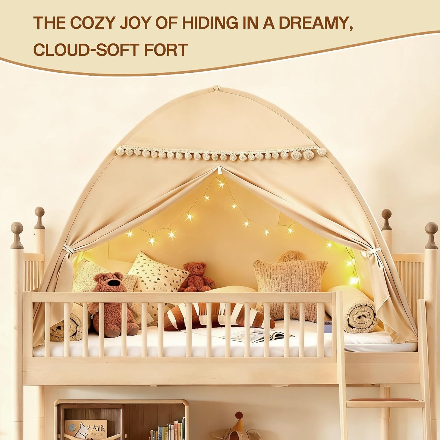 Bed Tent Twin Size for Girls & Boys - Indoor Privacy Toddler Sleeping Teepee with Blackout Design, Breathable Portable Twin Bed Tent for Drafty Rooms, Cottage Floor Camping (Twin Beige)