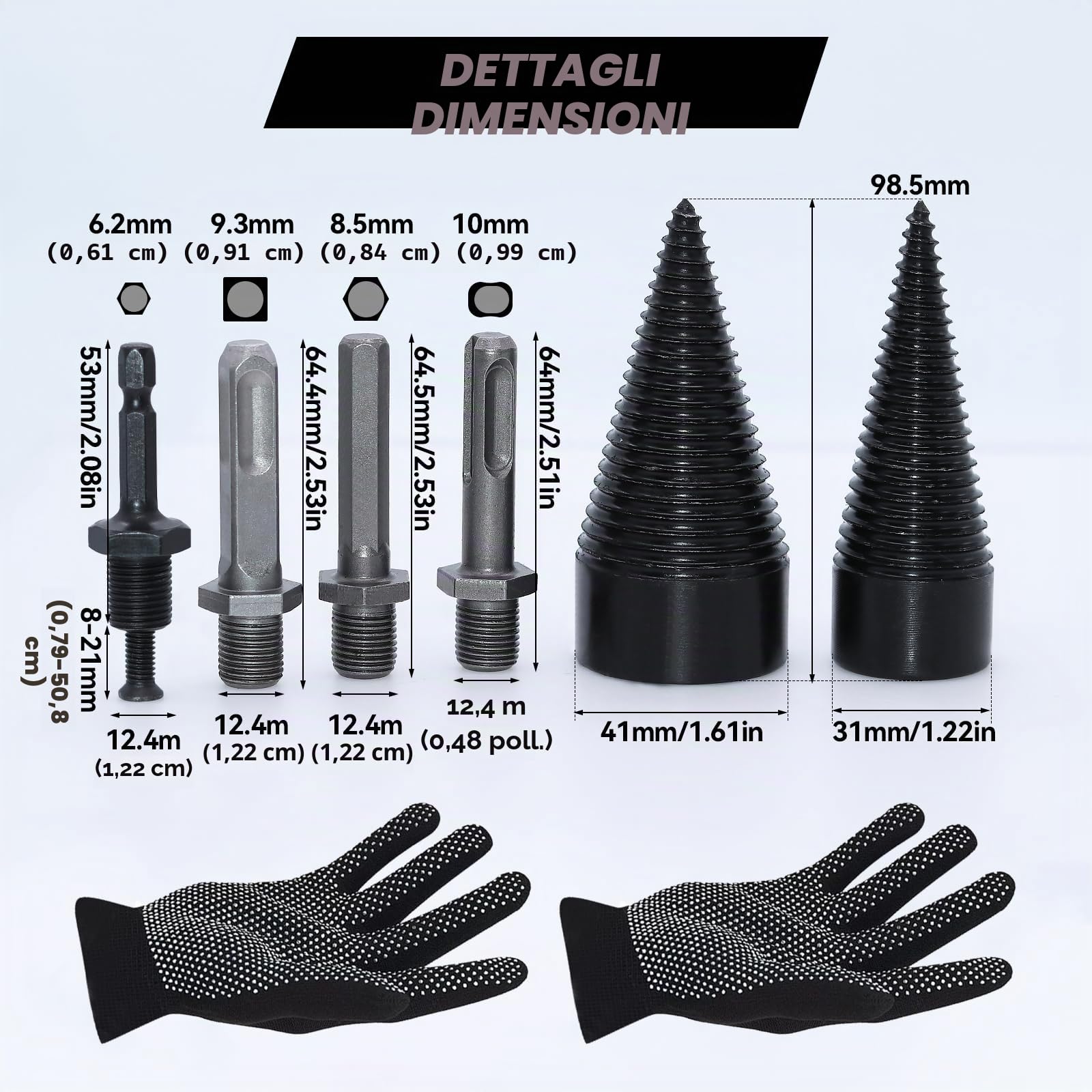 Set di spaccalegna da 42 mm + 32 mm, spaccalegna con 4 manici per trapano, spaccalegna per legna da ardere, cono per legno spaccalegna per trapano
