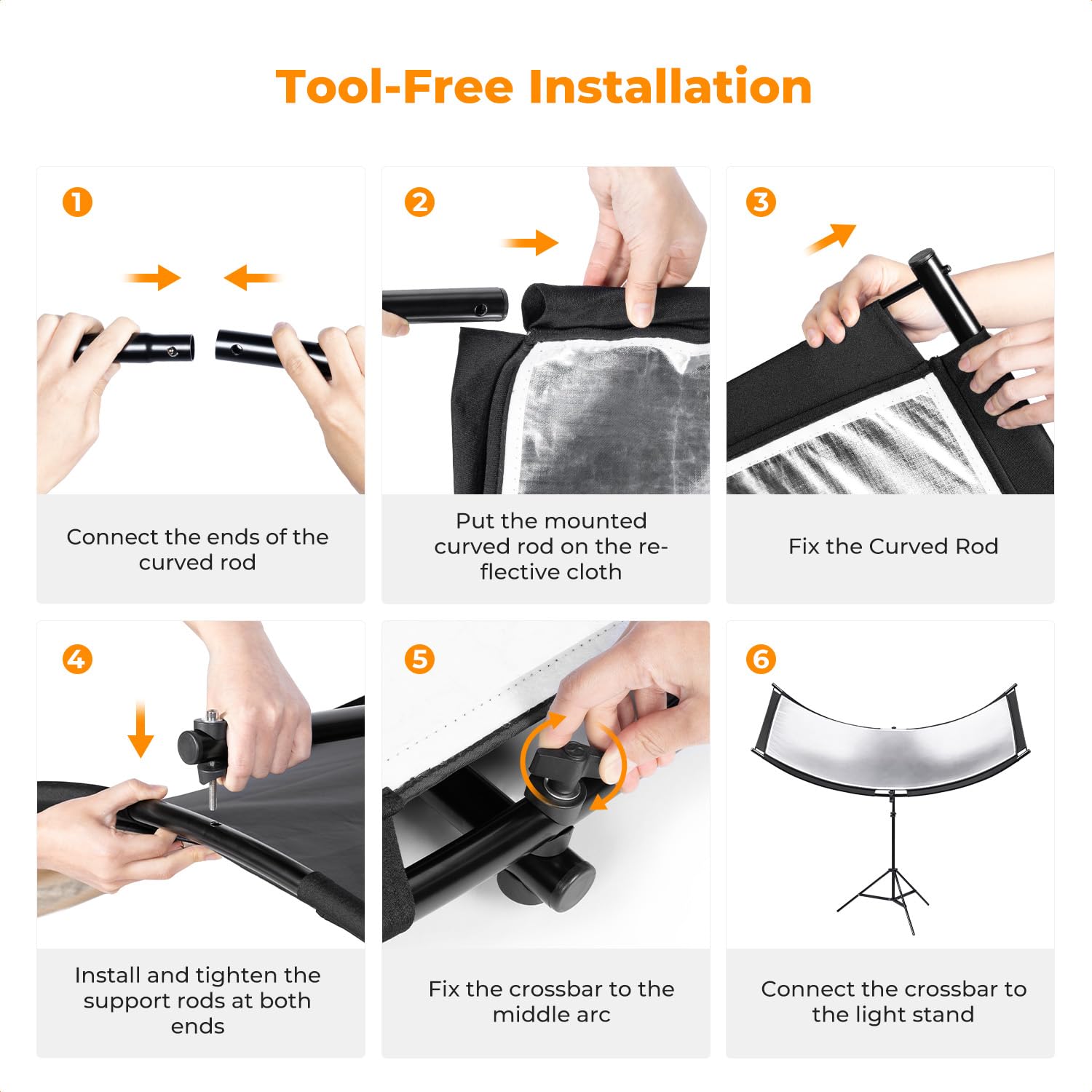 K&F CONCEPT U-Shape Reflector Curved Reflector 180x60cm with 4-in-1 Reflective Fabric, Black/Gold/White/Silver, with 1.9m Stand, with Storage Bag, for Photography Studios