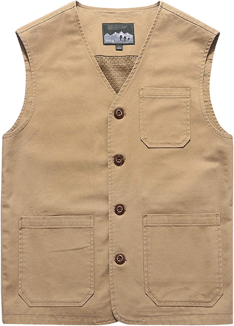 Gihuo Men's Travel Vest Casual Outdoor Multi-Pocket V-Neck Button Cotton Workwear Vest