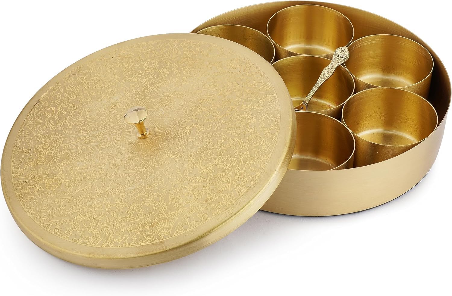 Genérico Stunning Gold Spice Box | Premium Masala Dabba with Elegant Lid | Luksusowy metalowy organizer na przyprawy i suche owoce