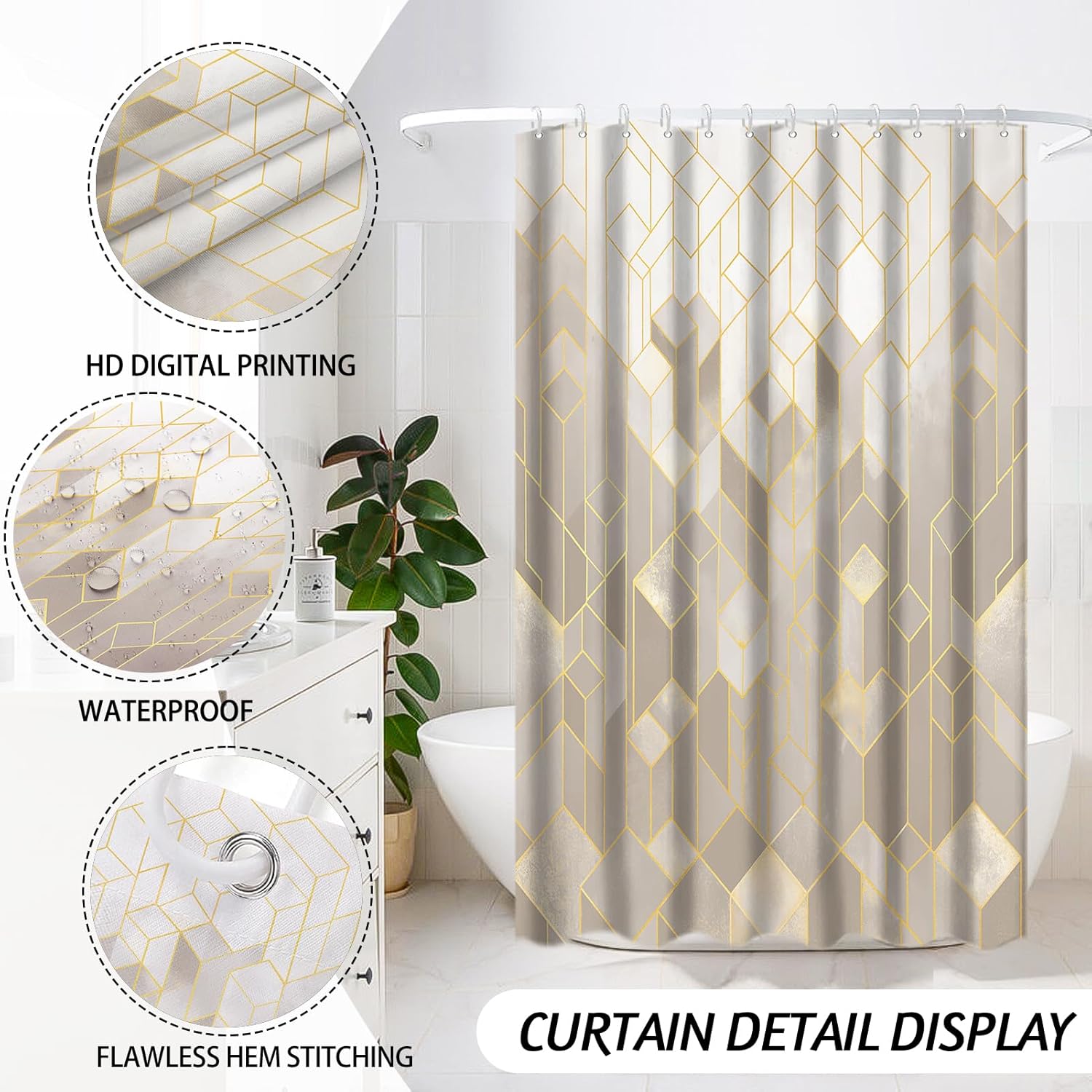 Lnond Beige Bathroom Set, Beige Abstract Cubes Bathroom Accessories Sets Complete, Luxury Restroom Set with Shower Curtain and Rugs, Trash Can, Toilet Brush Holder Set & Soap Dispenser