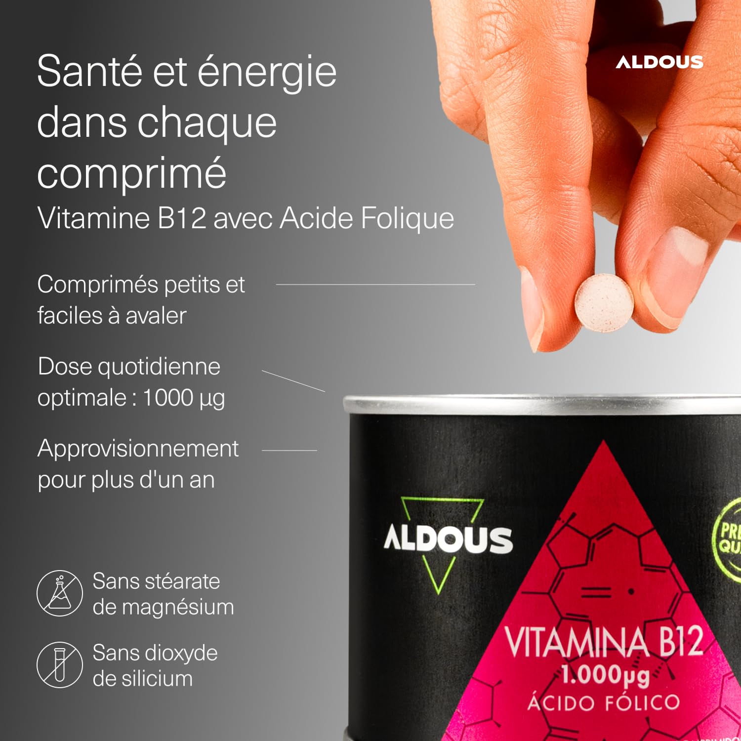 Vitamine B12 Vegan 1000mcg Haute Dose + Acide Folique - Énergie, Immunité, Fatigue, Métabolisme & Système Nerveux - 400 Comprimés B12 Méthylcobalamine Pure & Biodisponible - Vitamine Adulte - ALDOUS