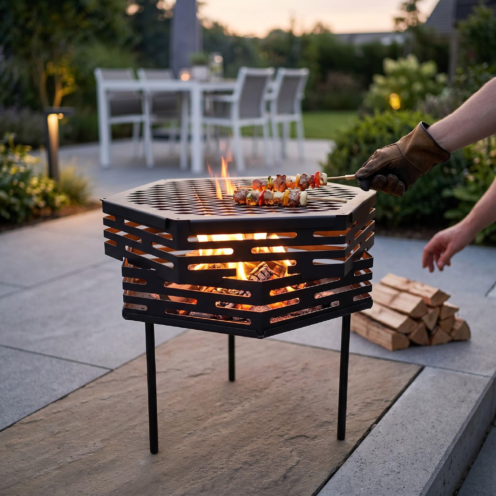 Generic Griglia Esagonale per Braciere a Legna da Esterno Portatile per Cortile, Campeggio, Barbecue, Riunioni, Acciaio Al Carbonio 18,39x16,54 Pollici