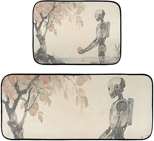 Kitchen Mats Robot Tree Print 2 Pcs, Low Pile Water Absorbent Kitchen Rugs Floor Mats for Kitchen Sink Living Room Bedroom