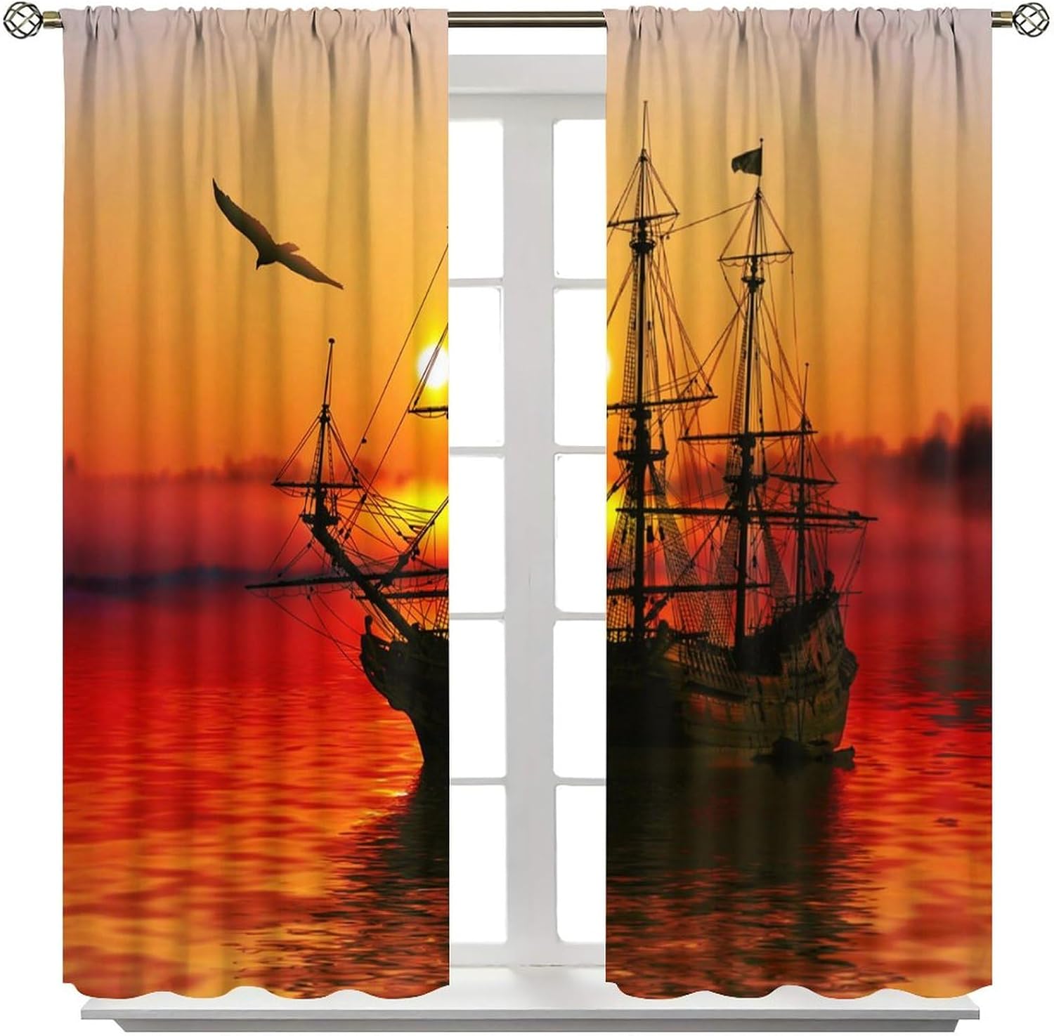 Brebasf Sunset Scenery Pirate Ship Blackout Rod Pocket Curtains,Abstract Nautical Ocean Pirate Ship Theme Seagull Thermal Insulation Room Darkening Window Drapes 2 Panels 63" L x 36" W