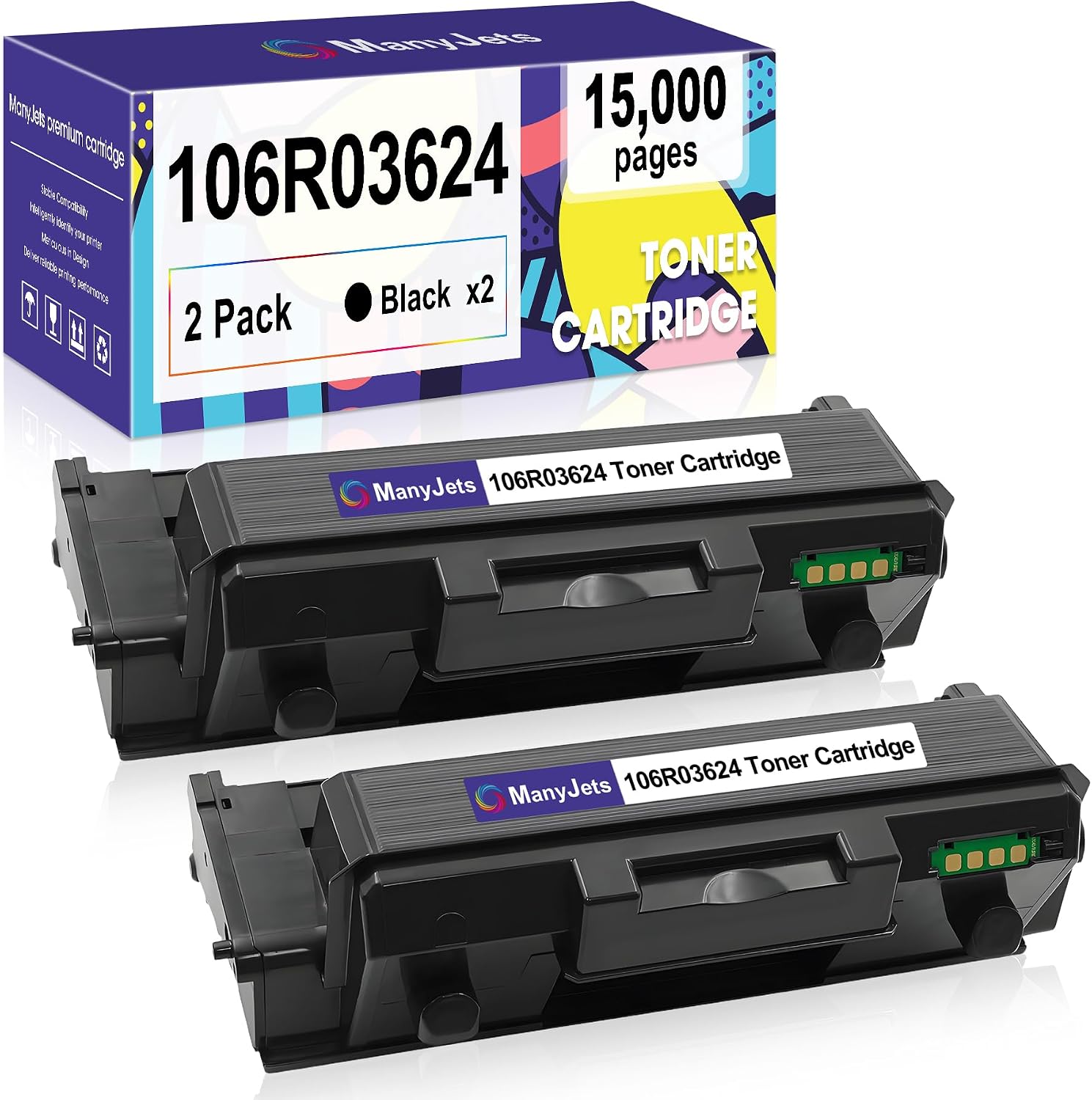 106R03624 106R03622 High-Yield Toner Cartridge Compatible for Xerox Phaser 3330/WorkCentre 3335/3345 Series Printers (15,000 Pages, Black, 2-Pack)