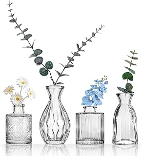 Kleine Glasvasen Set von 4, für Tischdekoration, Hochzeit, Empfang, Zuhause, Vintage-Flaschen, Transparent, Dekorative Glasvasen mit Deckeln(4, Transparent)