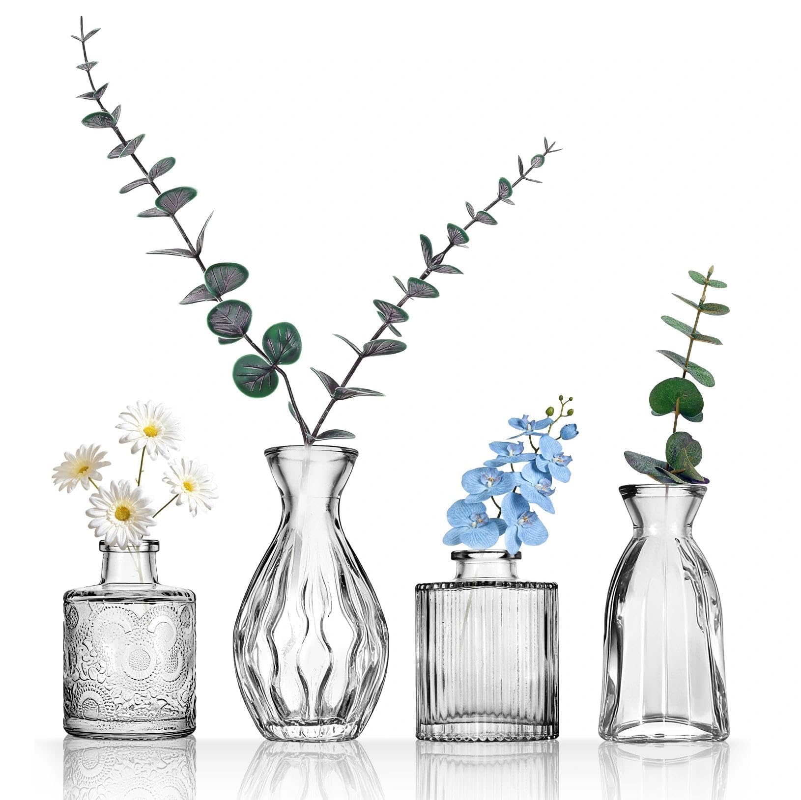 4 Pieces, Small Glass Vases, Vintage Style with Structural Pattern, for Flowers and Home Decor (Clear, 4 Pieces)
