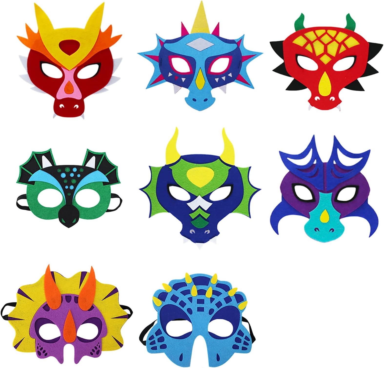 D.Q.Z Felt Dragon-Masks for Kids Boys Girls Masquerade Party, Dinosaur Christmas Dress Up Dino Birthday Party Favors, 8 Pack
