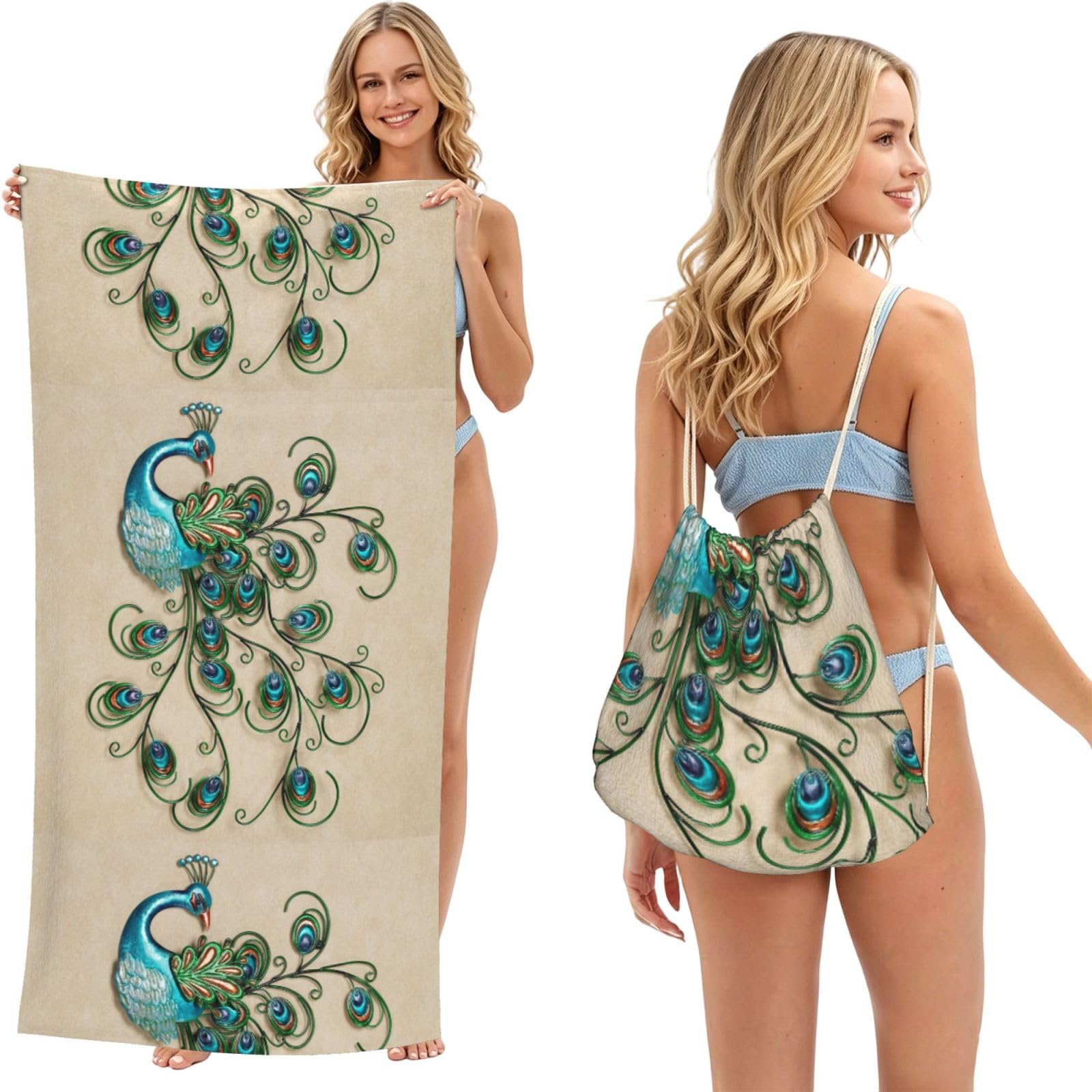 Poadnly As Picture Peacock Pattern Printed, 2 In 1 Packable Towel Bag, Beach Towels With Drawstring Backpack For Travel Holiday Camping