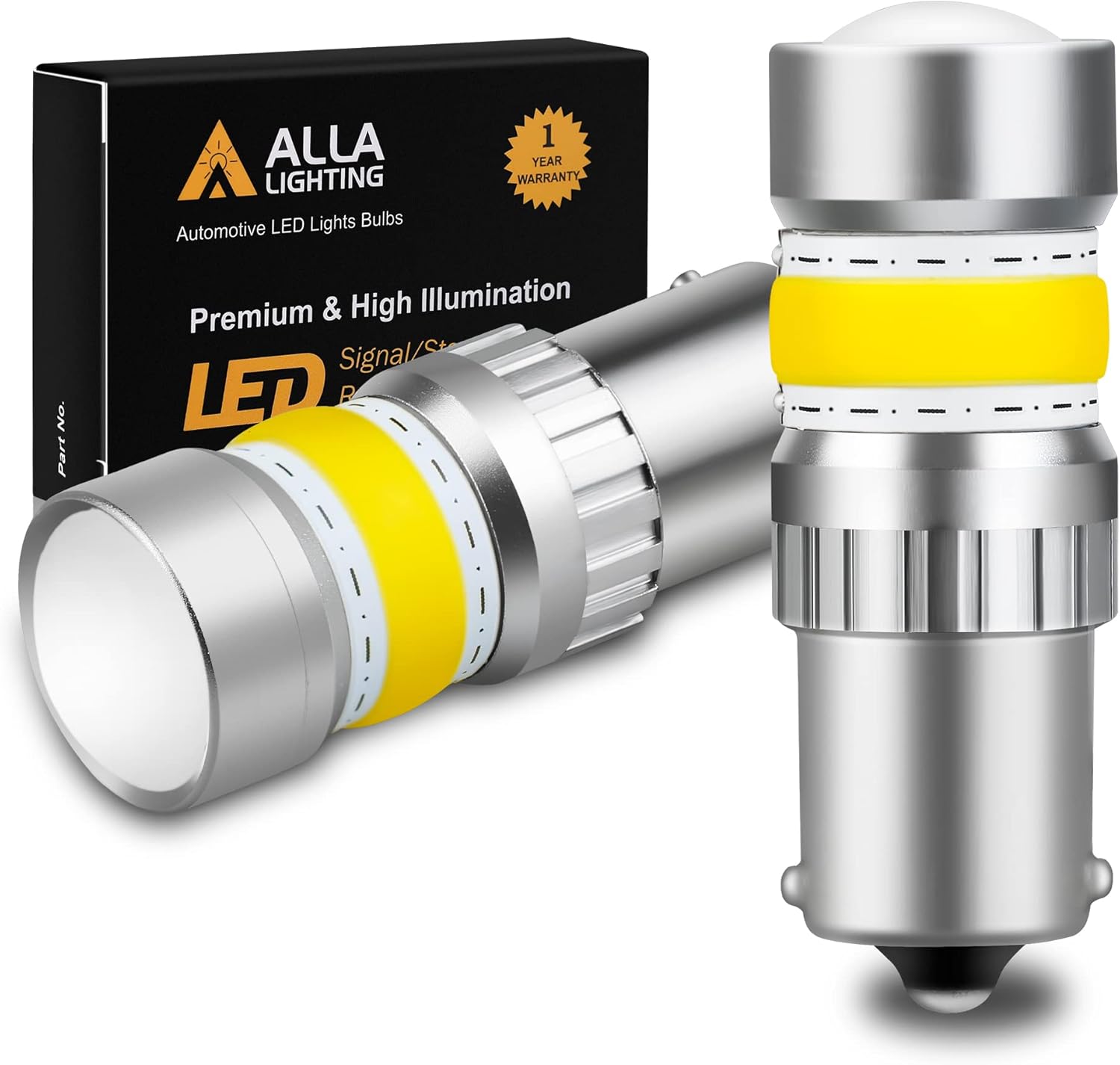 Alla Lighting 1156 LED Turn Signal Light Bulbs, 2800 lumens, Amber Yellow, 72-SMD LED, 8.5W, 12V-24V, IP67, BA15S, Cross Reference 1156, 7506, 1 year warranty