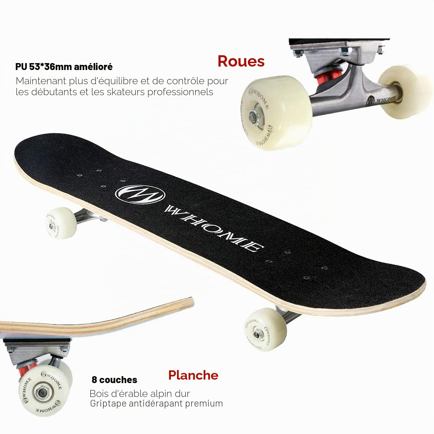WHOME Pro Skateboard Complet 31x8 inch Plateau 8 Plis érable Alpin Roulement ABEC-9
