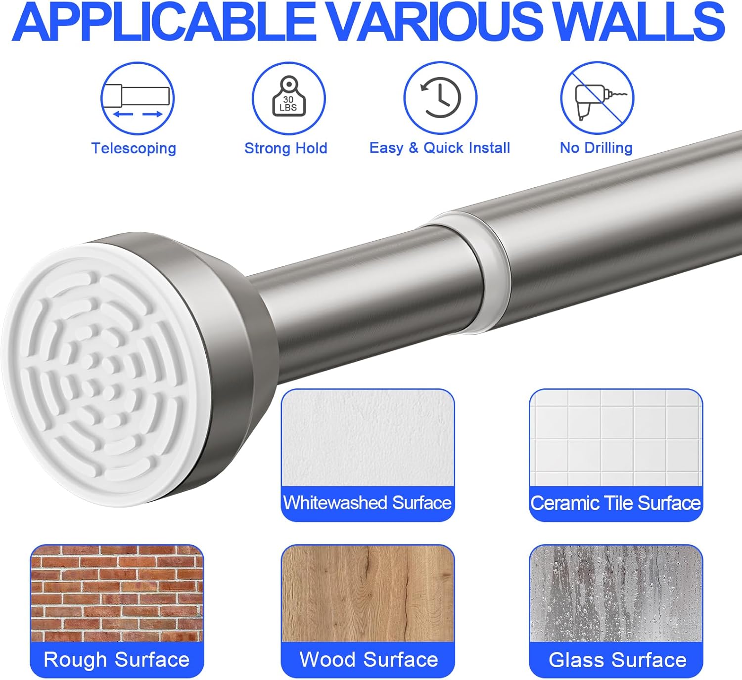 TEECK Shower Curtain Rod, 32-79 inch Adjustable Tension Spring, 1 Inch Shower Curtain Rod Tension, Anti-Slip, Rust-Proof, No Drilling, for Bathroom, Nickel