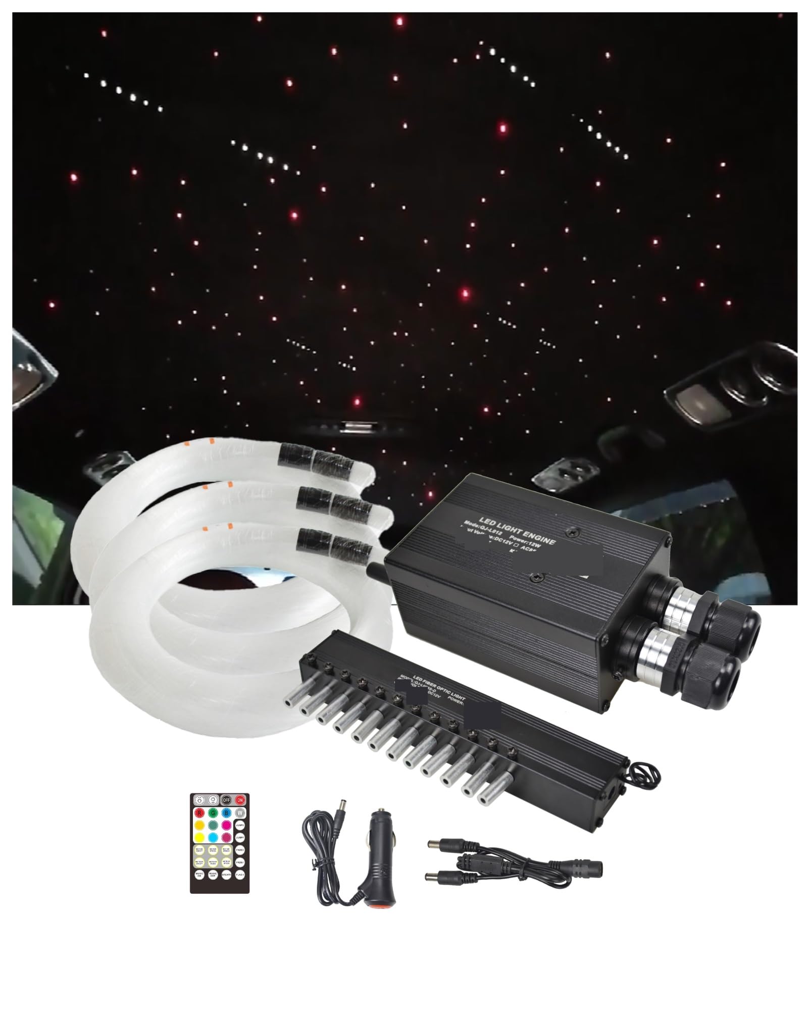 Podwójne złącze aplikacji 12 W Twinkle Led Sufit, pilot Star Strarry Sky, światłowód na dach samochodowy spadająca gwiazda Kit Łatwe do ukrycia(200pcsx0.75mmx3mx2)