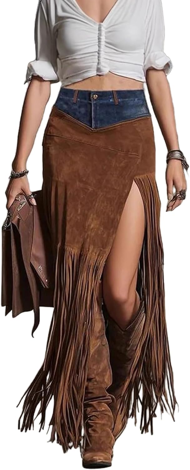 Women's Sexy Skirts Suede Tassels Maxi Skirts Trendy Slit Side Western Outfits for Women