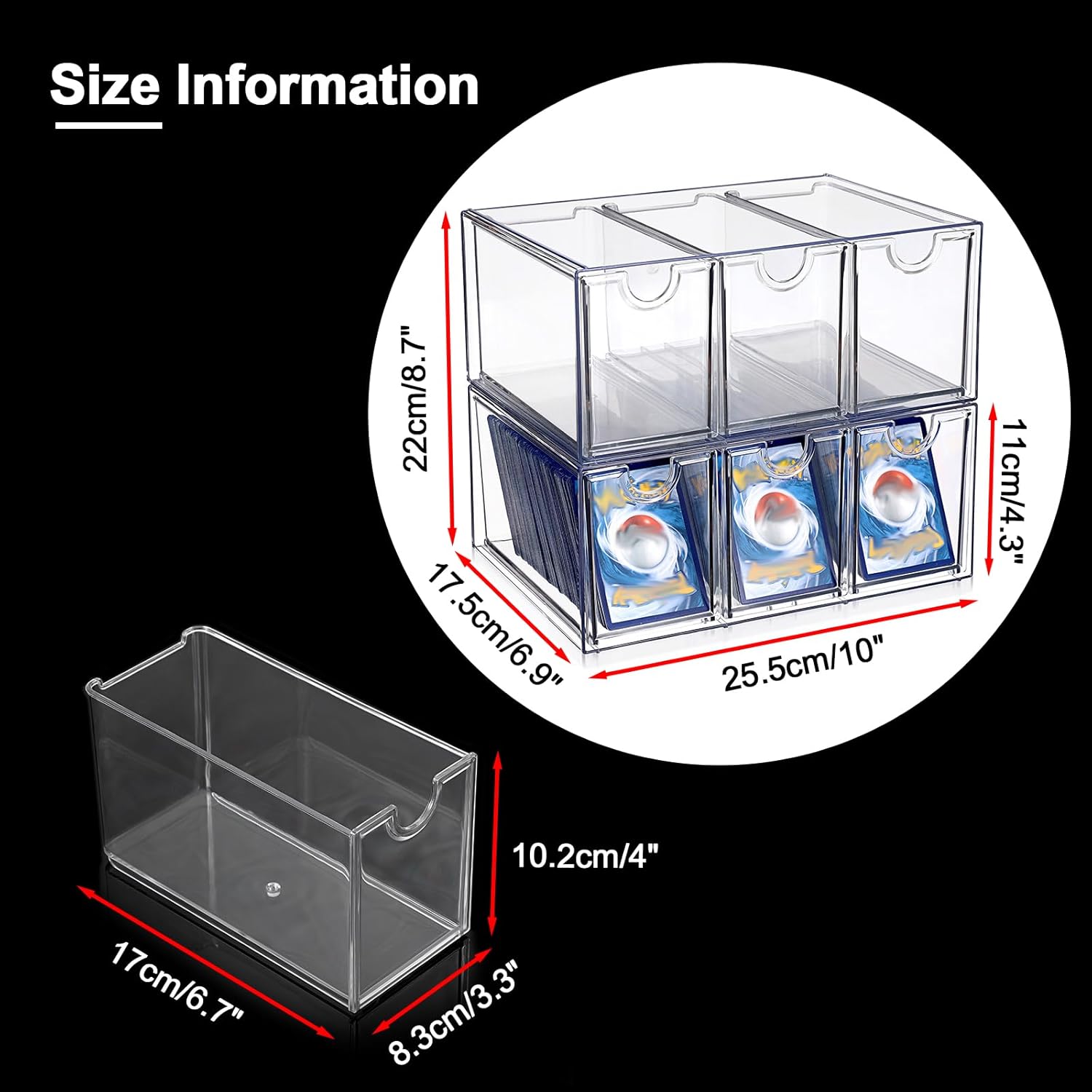 OwnMy 2 Plastic Trading Card Storage Box, Clear Stackable Card Organizers Storage Boxes with 6 Drawers, 2200+ Baseball Sports TCG MTG PTCG Card Deck Boxes