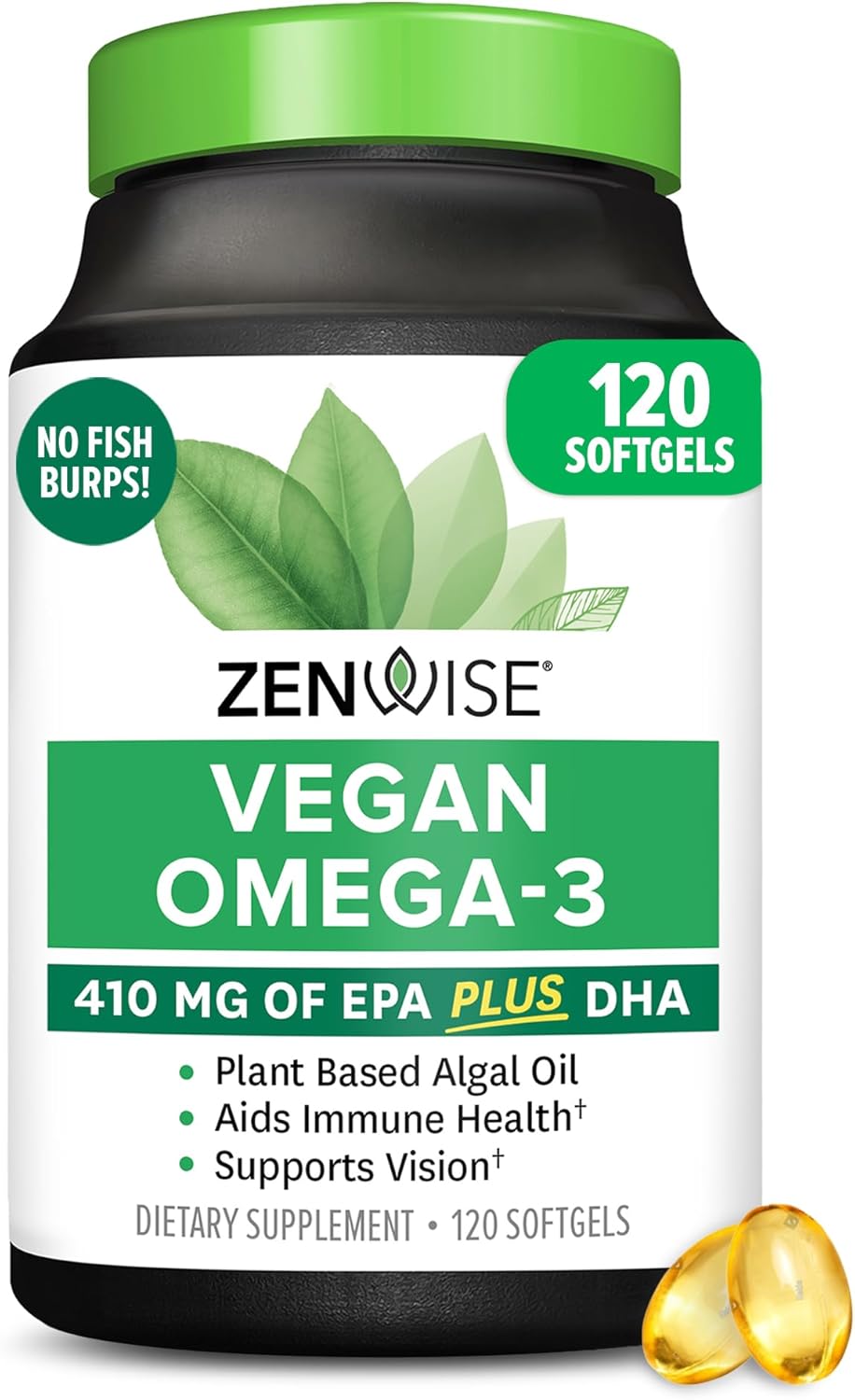 Product image of Zenwise Health Vegan Omega 3 Supplement - Burpless Omega 3 Supplement with DHA, EPA & DPA Fatty Acids for Immune Health - Fish Oil Alternative from Sustainably Sourced Marine Algae Oil - 120 Softgels