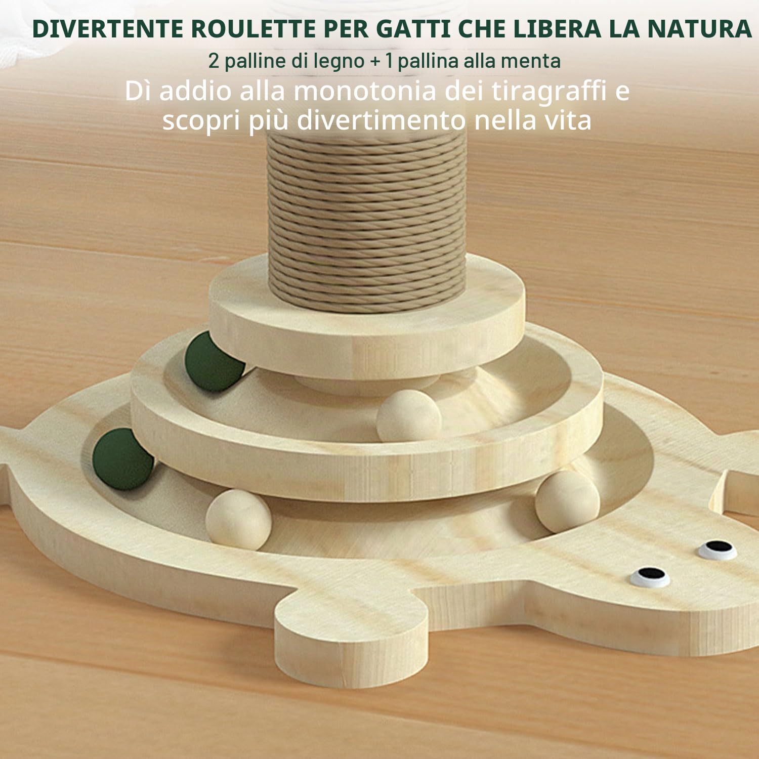 Giocattolo interattivo per gatti 6 in 1, in legno, con palline sospese, piume, girevole, Smart Track Ball, albero tiragraffi in sisal e iuta per gatti piccoli e medi