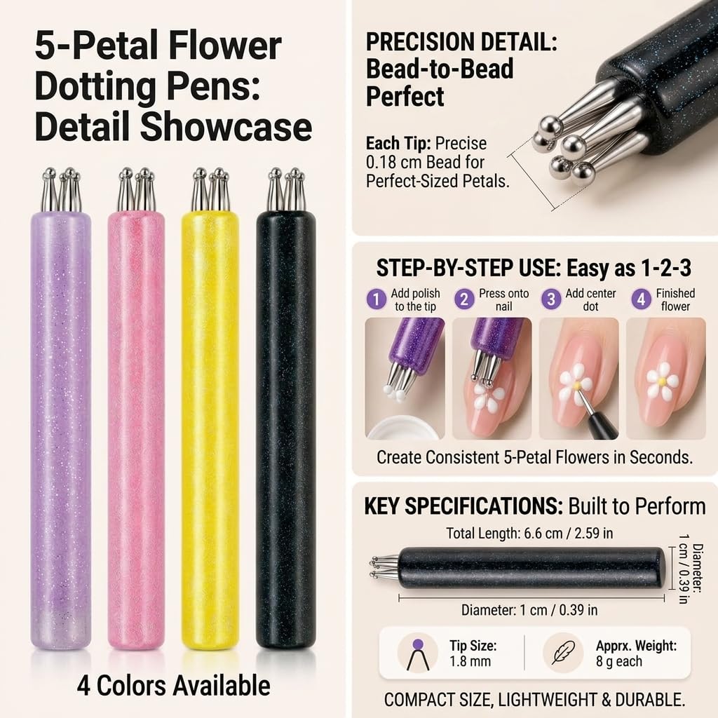 Nail Dotting Tool Set, 4 PCS Double-Ended Dotting Pens | Multiple Ball Tip Sizes for Precision Dotting, Flower Designs & Rhinestone Placement