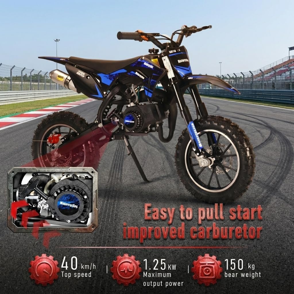 50cc 2-Stroke Kids Dirt Bike,Gas Powered Motorcycle for Kids with Off-Rode Tire, Front Rear Disc Brakes Motocross,Up to 25 Mph,Shock Absorption Pocket Motorbike (Blue)