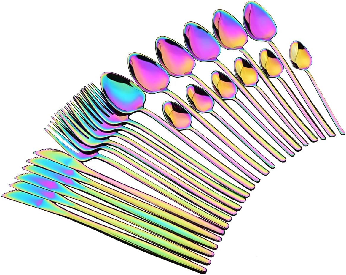 JASHII 24-piece Rainbow Silverware Set for 6, Stainless Steel Knife Fork Spoon Teaspoon Set, Mirror Polished, Light Weight Eating Utensils Set Dishwasher Safe for Kitchen Home