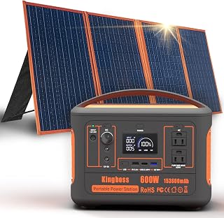 Kingboss Portable Power Station 600W Plus Foldable Solar Panel 120W, Generator (Peak 1200W), 153600MAH 568WH, Optimal Coverage, With Multiple Outputs, Battery Backup for Outdoor Camping, Orange