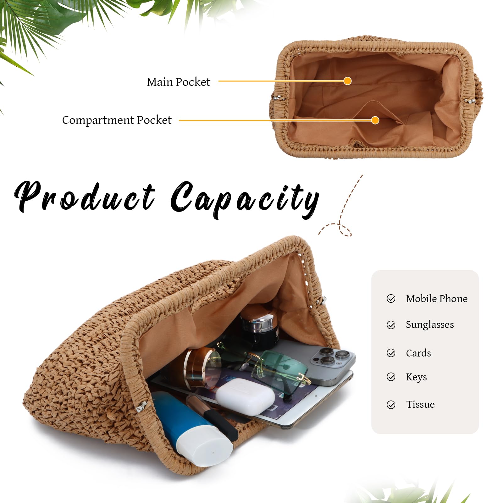 EVEOUT Clutch de Rafia Trenzada para Mujer Verano Cartera de Mano Rafia para Playa Vacaciones Boho Bolso Paja Tejido para Fiesta Bodas