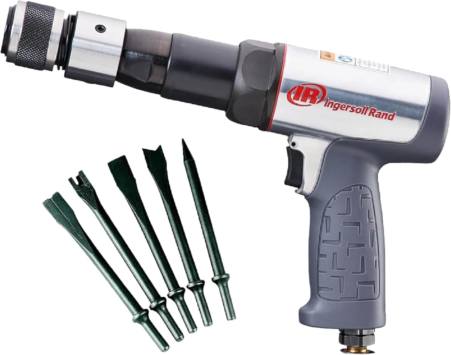 Product image of Ingersoll Rand 119MAXK Vibration Reduced Long-Barrel Air Hammer 5-Piece Chisel Set, 2,530 BPM, 3-1/2" Stroke, Round Shank