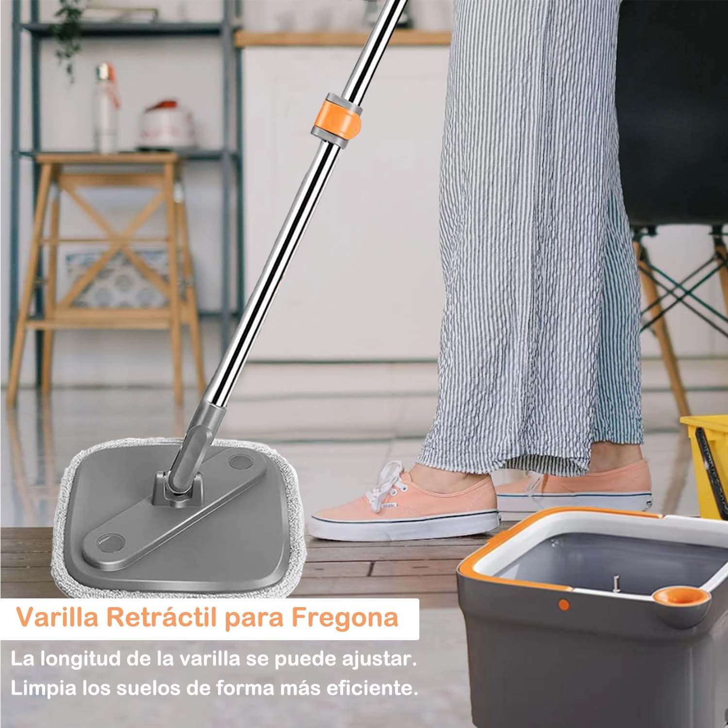 Juego de Fregona Giratoria y Cubeta con 6 Almohadillas de Reemplazables de Microfibra con Sistema de Separación Automática de Agua Sucia y Limpia Cabeza de Fregona Giratoria Autoescurrido