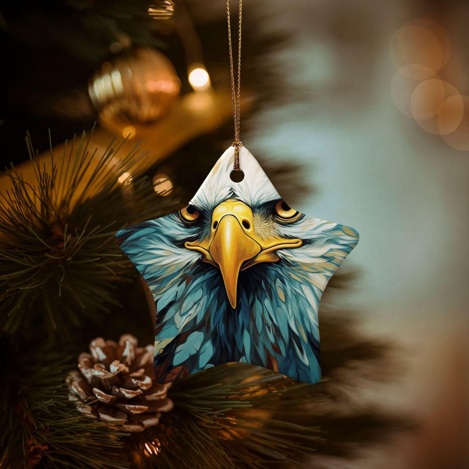 Christmas Tree Ornaments Ceramics Christmas Decorations Art Eagle Ornaments with Gold Ribbon Porcelain Xmas Tree Crafts Star Shape Hanging Pendant for Christmas Tree Party Decor
