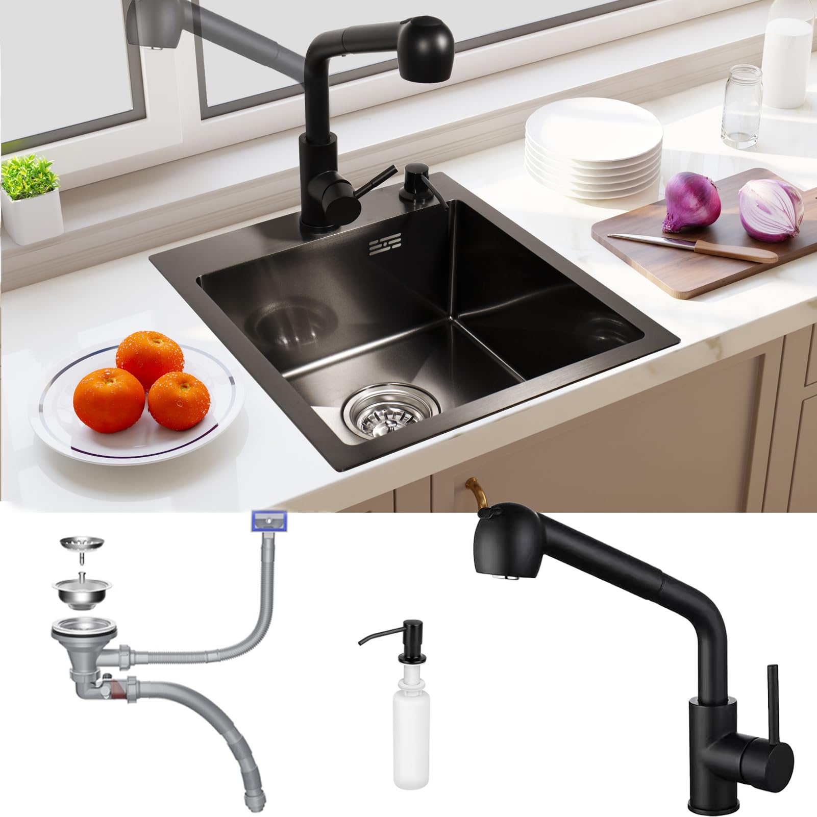 304(V2A) Edelstahl Küche Spülbecken Set 40x45cm Nano-Beschichtung | Küchenspüle mit Drehbare Ausziehbar Wasserhahn Ablaufgarnitur Stöpsel Siphon Gemüsesieb Seifenspender Sorgenfreies Set
