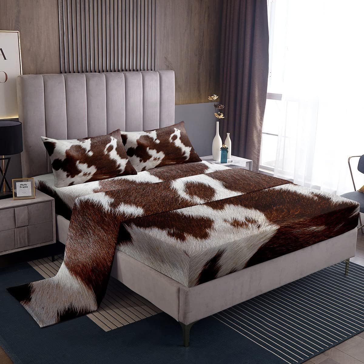 Erosebridal Cow Print Sheet Set, Brown White Cowhide Bed
