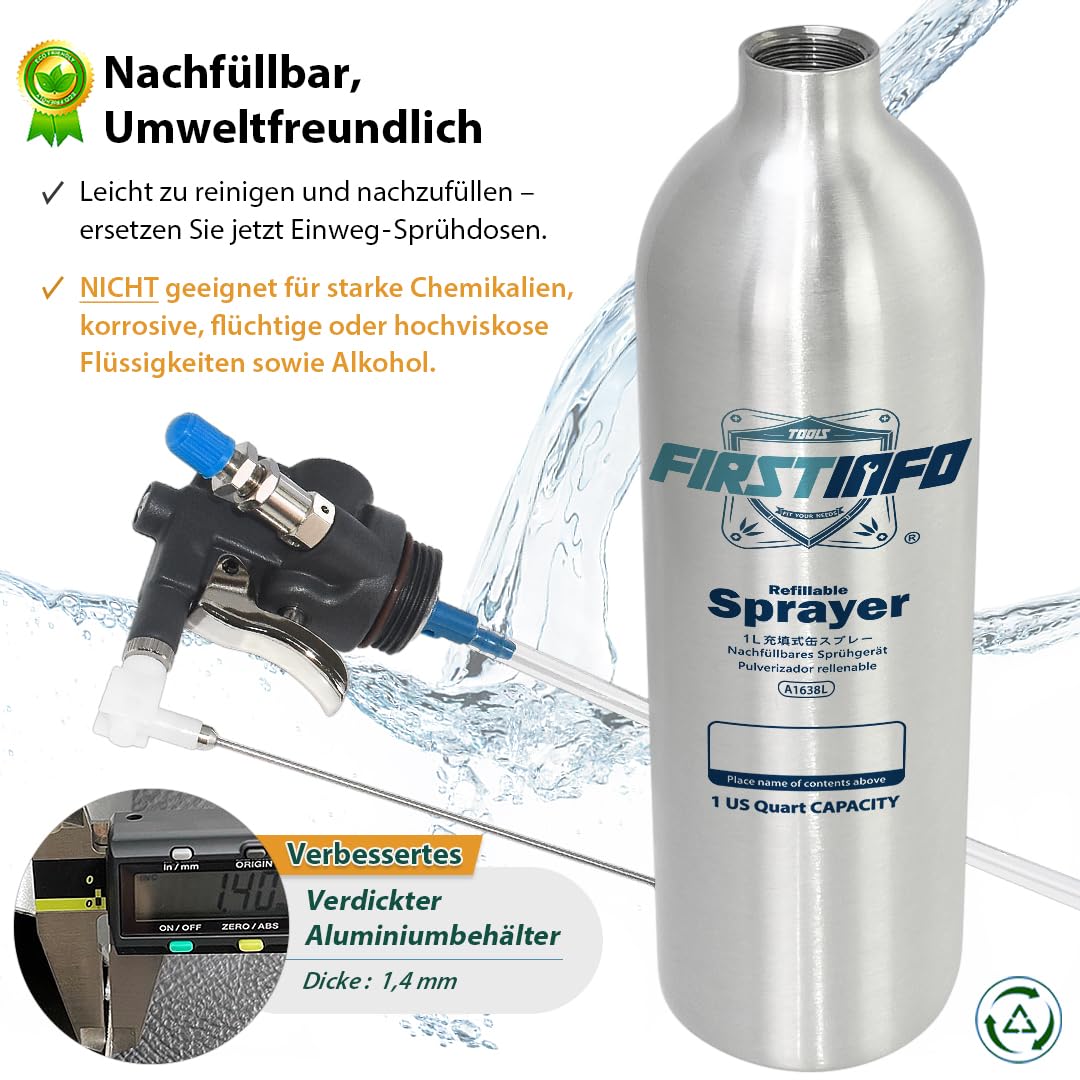 FIRSTINFO Bremsenreiniger Sprühflasche 1L Alu Drucksprüher 140 psi A1638L