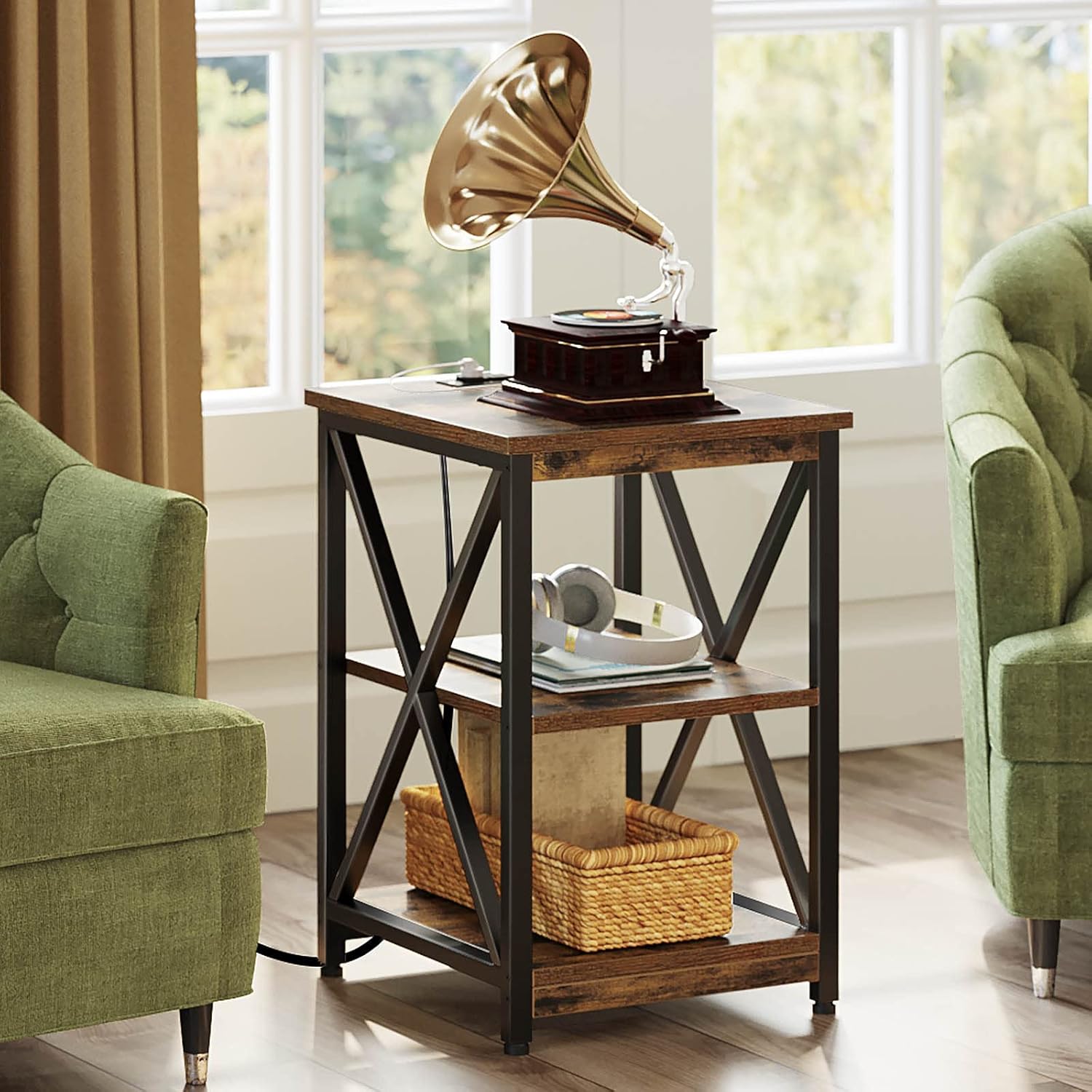 Rolanstar End Table with Charging Station, 3-Tier Nightstand with USB Ports & Power Outlets, Side Table with Storage Shelf and Stable Frame, Industrial Farmhouse for Living Room, Bedroom, Rustic Brown : Home & Kitchen