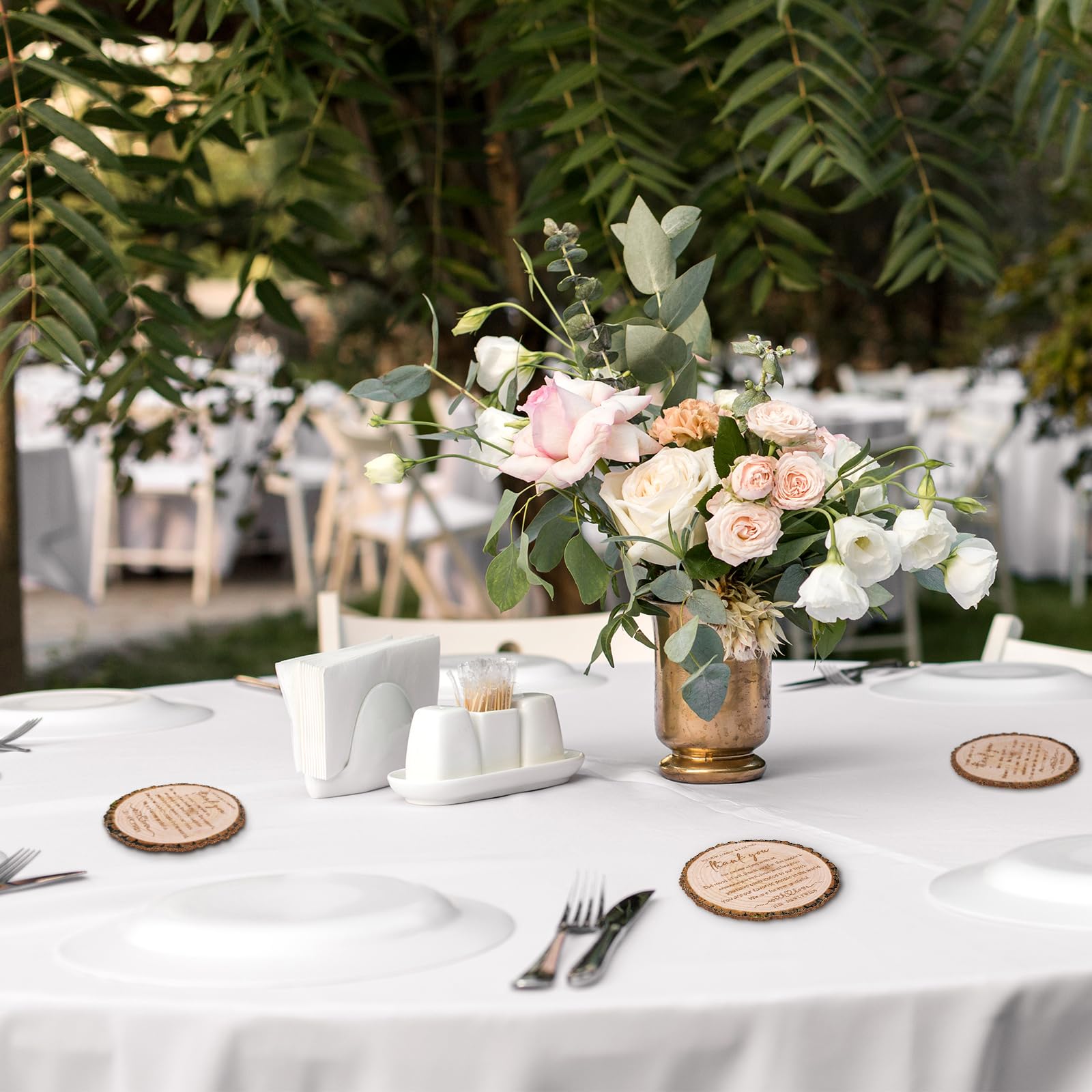 Hushee Juego de 100 posavasos de corcho con corteza de árbol para invitados a granel con texto en inglés "Thank You for Celebrating with Us", decoración de fiestas, posavasos de madera para boda,