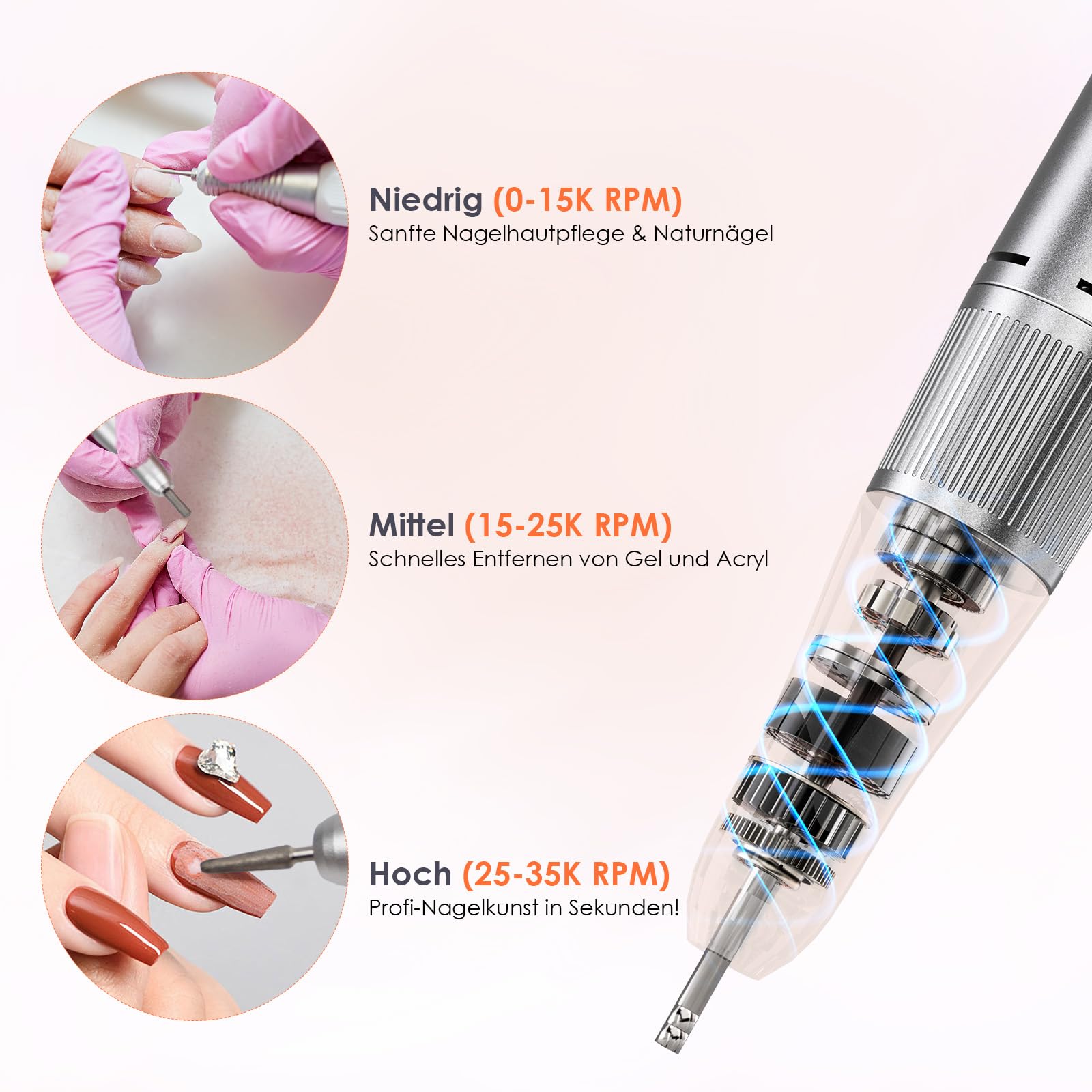 Delanie Elektrischer Nagelfräser für Gelnägel 35000 U/Min, Wiederaufladbar Nagel Fräser für Nägel mit Handstück-Halter, Nagelfräser Professionell mit LED Anzeige & Pause Funktion für Maniküre Pediküre
