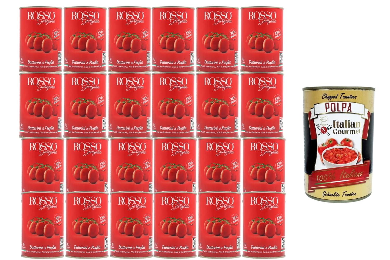 Italian Gourmet Bundle Datterini Tomaten 24x 400g + Italian Gourmet Polpa Gratis – Italienische Datterini di Puglia, süße kleine Tomaten für Pasta, Pizza, Sugo, Bruschetta & Vorrat 9,6kg
