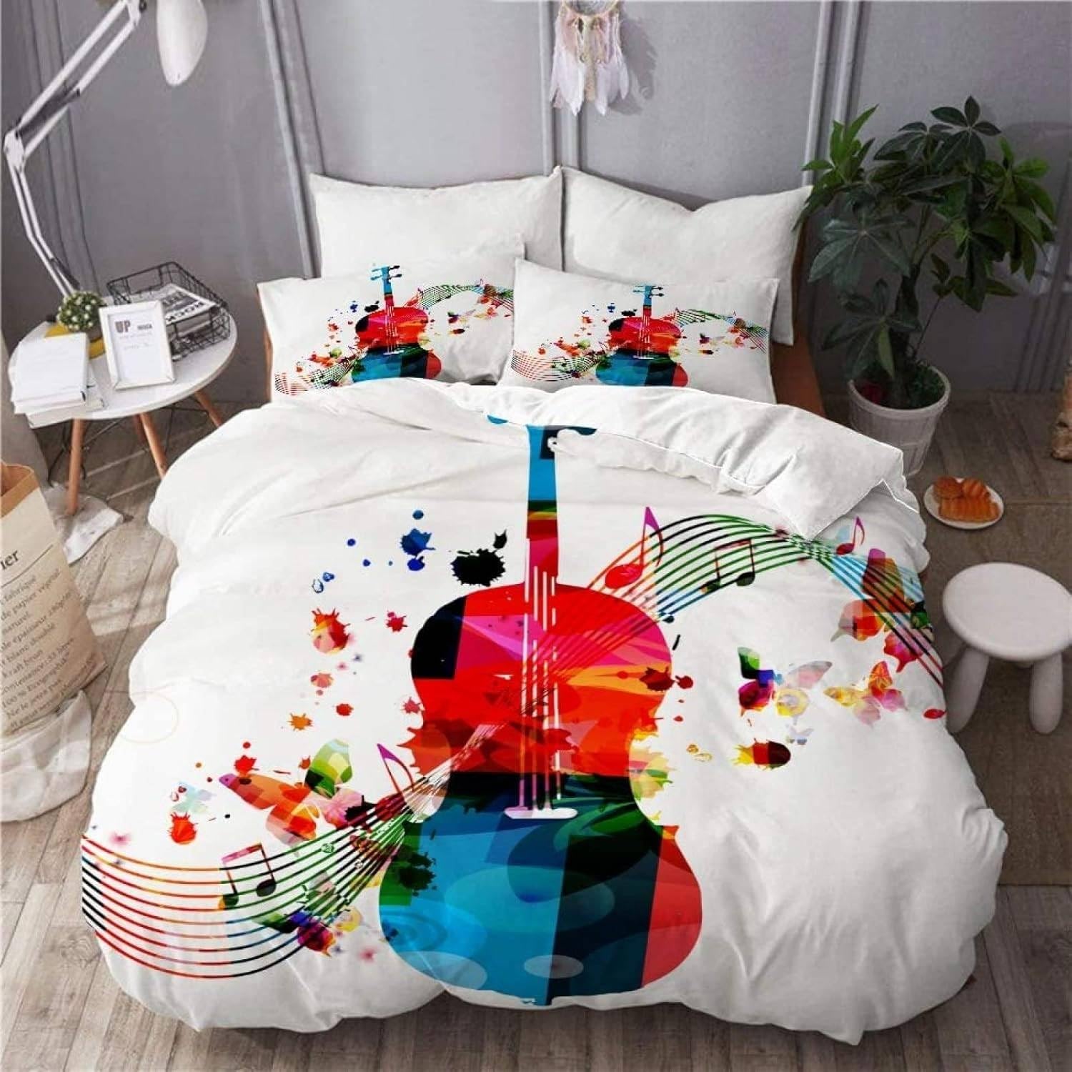Zestaw pościeli w rozmiarze Super King Size kolorowa pościel gitarowa dla dzieci – poszewka na kołdrę z zapięciem na zamek błyskawiczny i 2 poszewki na poduszki 50 x 75 cm – hipoalergiczna